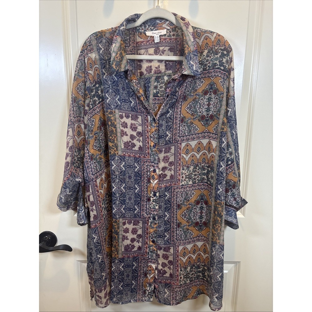 Haven + Blair Patchwork Paisley Metallic Boho Sheer Button Shirt Womens Size 3X